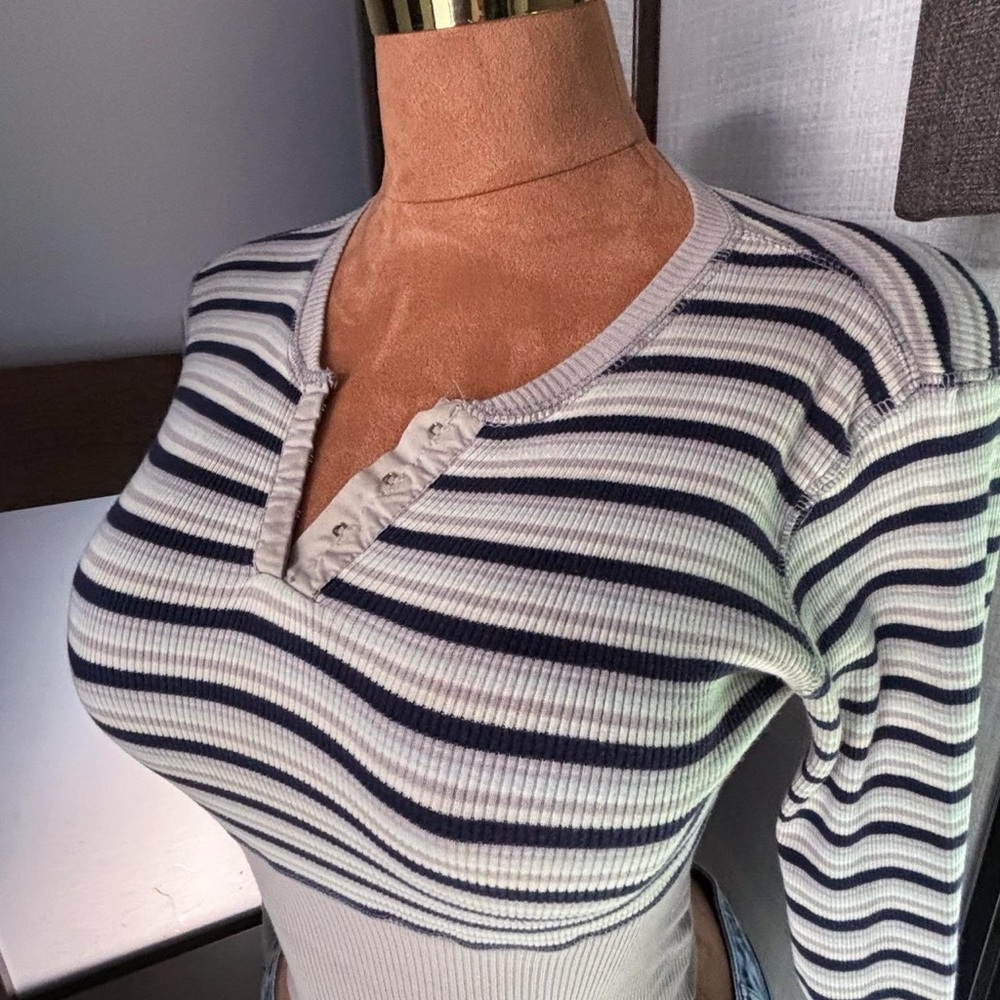 Tommy Hilfiger Cream and Navy Striped Long Sleeve Ribbed Henley
